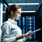 A professional data engineer, either male or female, dressed in a modest, dark business suit and a light-colored shirt. They are standing confidently in a modern, high-tech server room or a data center, surrounded by glowing server racks and complex network cables. The pose is natural, focused on a tablet displaying intricate data architecture diagrams. The background shows a hint of a city skyline through a large window, symbolizing a major Polish IT hub. Perfect anatomy, correct proportions, well-formed hands, proper finger count, safe for work, appropriate content, fully clothed, professional dress, high-resolution, sharp focus, cinematic lighting.