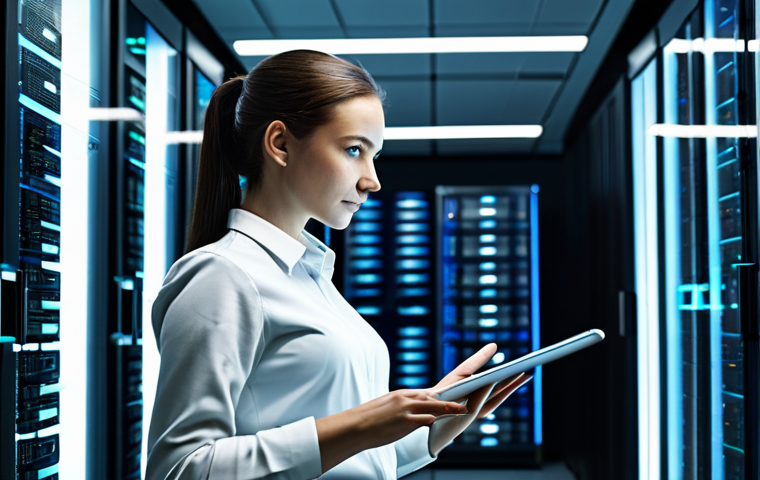 A professional data engineer, either male or female, dressed in a modest, dark business suit and a light-colored shirt. They are standing confidently in a modern, high-tech server room or a data center, surrounded by glowing server racks and complex network cables. The pose is natural, focused on a tablet displaying intricate data architecture diagrams. The background shows a hint of a city skyline through a large window, symbolizing a major Polish IT hub. Perfect anatomy, correct proportions, well-formed hands, proper finger count, safe for work, appropriate content, fully clothed, professional dress, high-resolution, sharp focus, cinematic lighting.