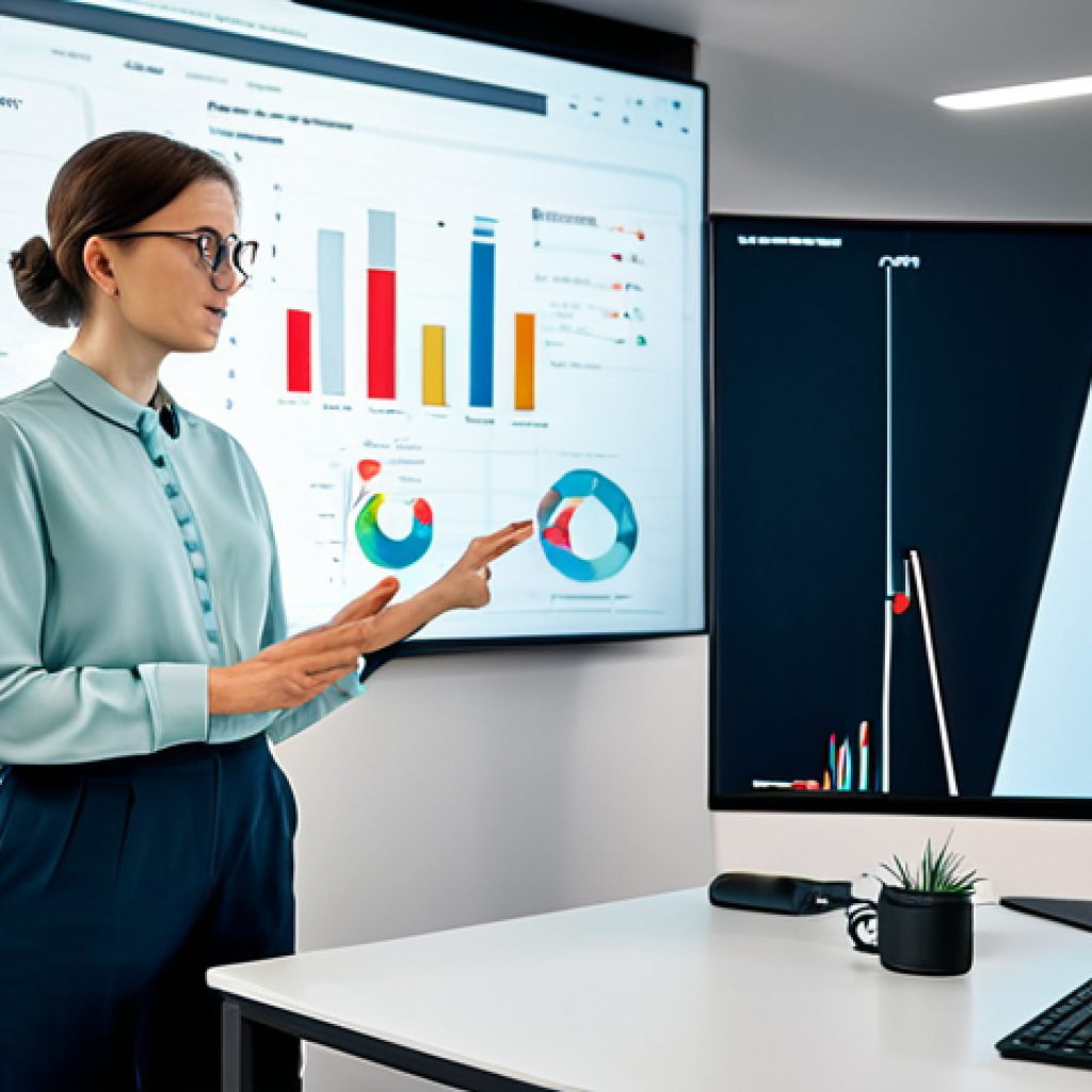 **

"A professional data scientist, fully clothed in a modest blouse and smart trousers, stands in front of a large screen displaying insightful data visualizations in a modern Warsaw office. Appropriate attire, safe for work, perfect anatomy, correct proportions, natural pose, professional lighting, high quality, well-formed hands, proper finger count, family-friendly."

**