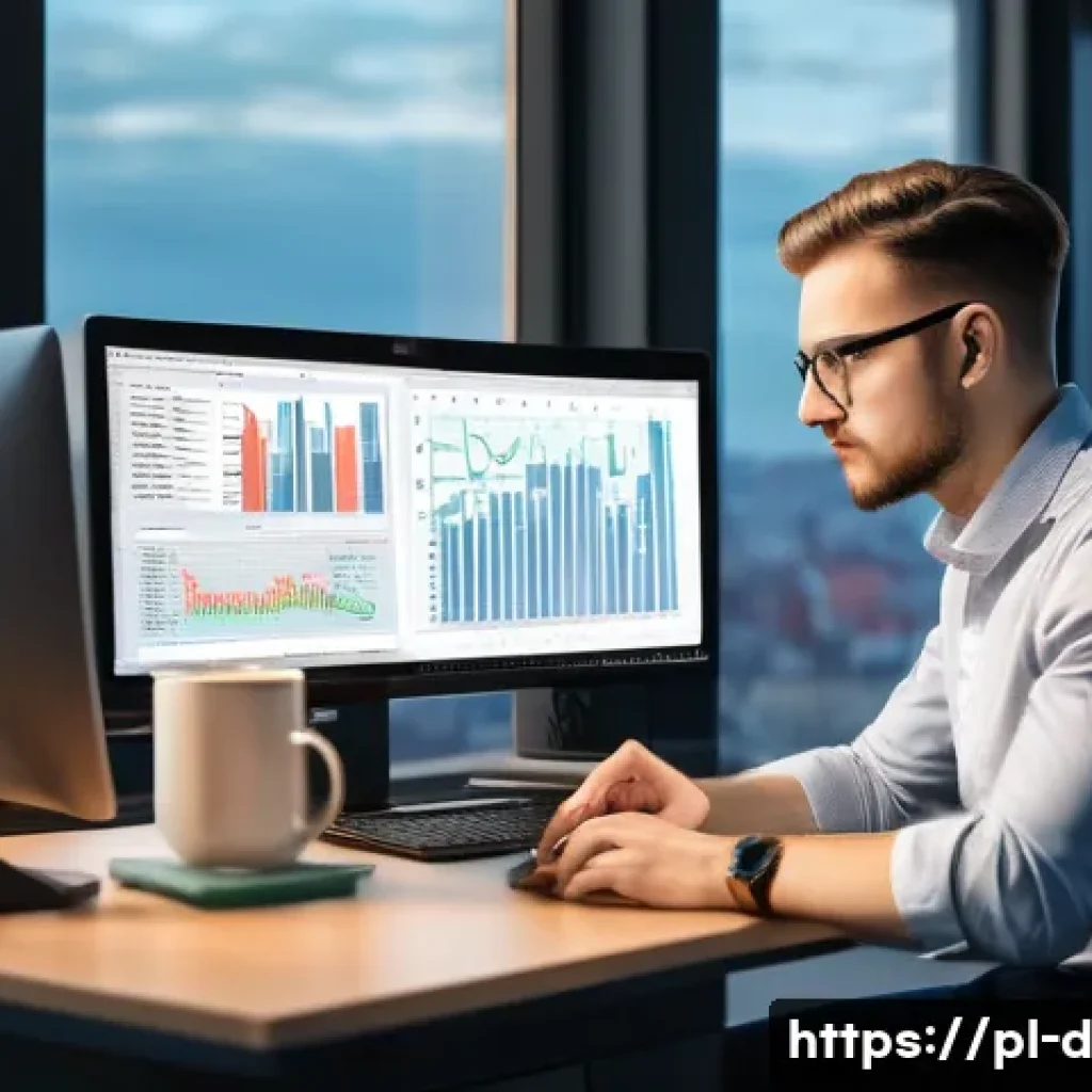 데이터과학자 이직 성공 사례 - A modern office scene showing a young Polish data scientist working intently on a dual-monitor setup...