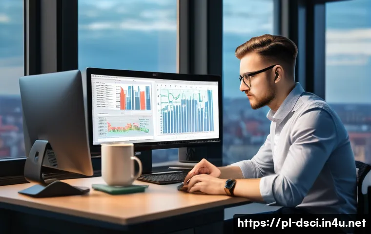 데이터과학자 이직 성공 사례 - A modern office scene showing a young Polish data scientist working intently on a dual-monitor setup...