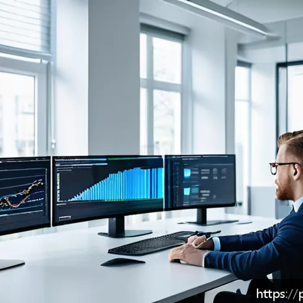 데이터과학 업무에서의 윤리적 고려 - A modern data scientist in a professional office environment, analyzing transparent digital dashboar...