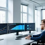 데이터과학 업무에서의 윤리적 고려 - A modern data scientist in a professional office environment, analyzing transparent digital dashboar...