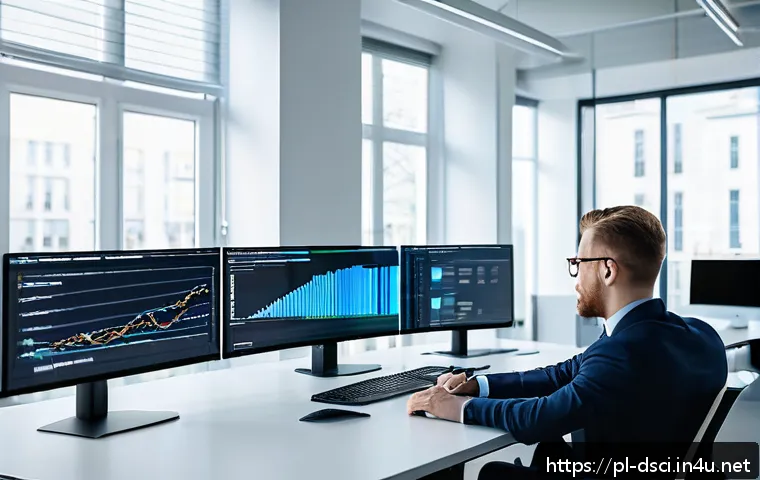 데이터과학 업무에서의 윤리적 고려 - A modern data scientist in a professional office environment, analyzing transparent digital dashboar...