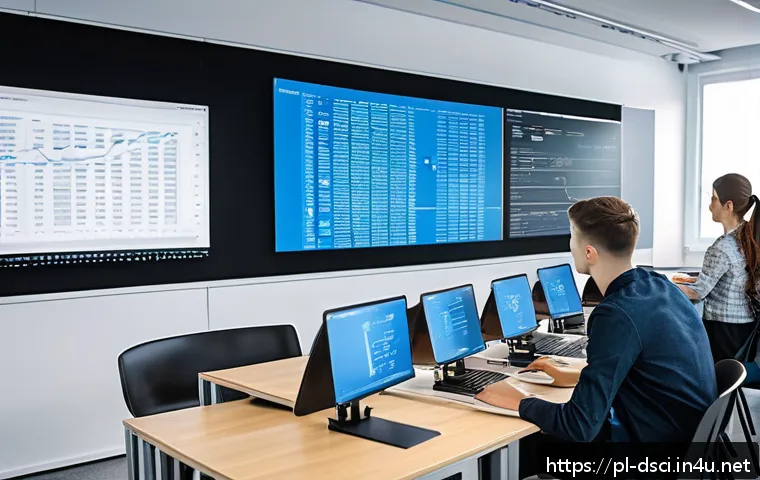 데이터과학 대학원 진학 가이드 - A modern university classroom in Poland with diverse students attending a Data Science master’s lect...