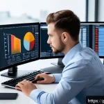 데이터과학 실무에서의 워크플로우 자동화 - A modern office environment with a data scientist working at a sleek desk, multiple large monitors d...