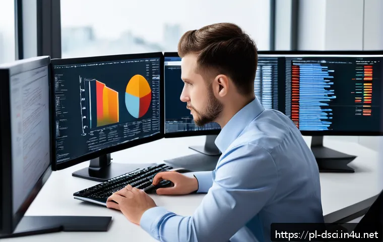 데이터과학 실무에서의 워크플로우 자동화 - A modern office environment with a data scientist working at a sleek desk, multiple large monitors d...