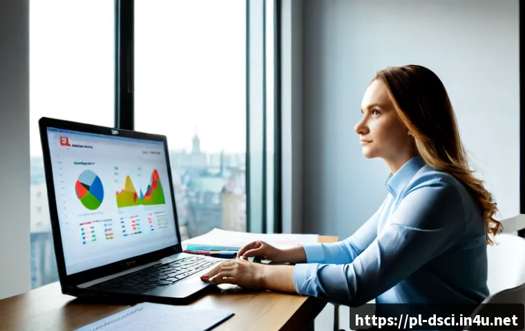 Home 17 데이터과학자의 커리어 성장 전략 - Photorealistic data scientist in a modern Warsaw office, mid-career professional reviewing colorful ...