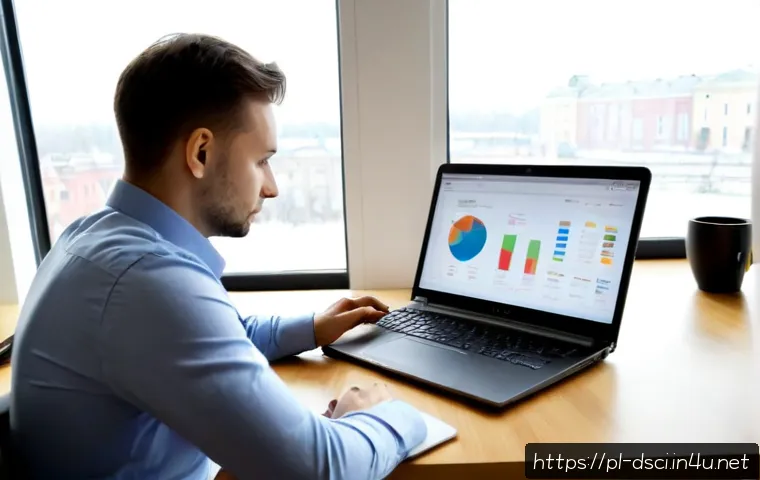 데이터과학과 데이터 웨어하우스 - Photorealistic modern data science workspace in Warsaw, Poland, a focused analyst reviewing colorful...